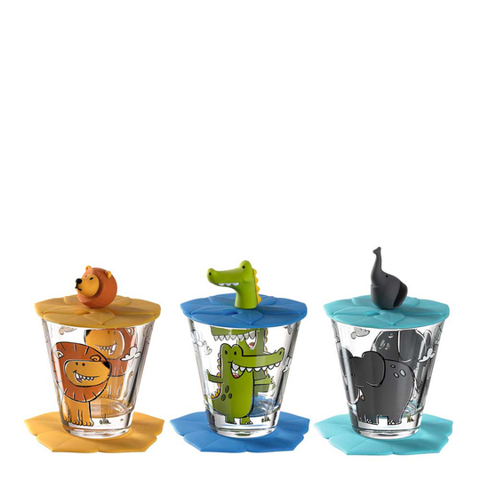 Leonardo - Bambini Set Glas Lock Underlägg 9 delar Lejon, krokodil och elefant