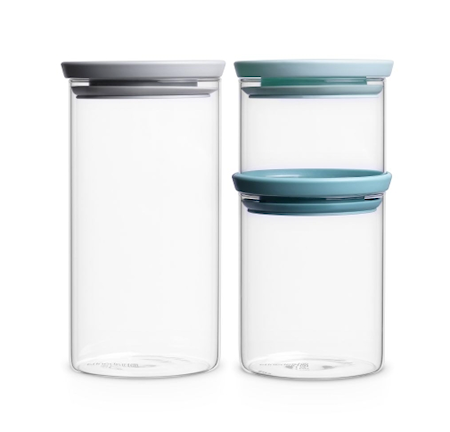 Glasburk Stapelbar Set om 3 (0.3, 0.7 och 1.1 Ltr) Glas/ Lock: Grått,Mörk Grått samt Mint