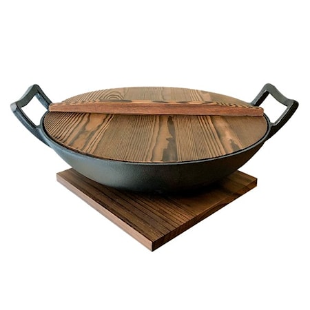 Nabe Wok Gjutjärn set med 2 Lock+Underlägg Ø 36 cm