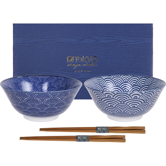 Tokyo Design Studio Nippon Blue skålset + ätpinnar, prickar/vågor