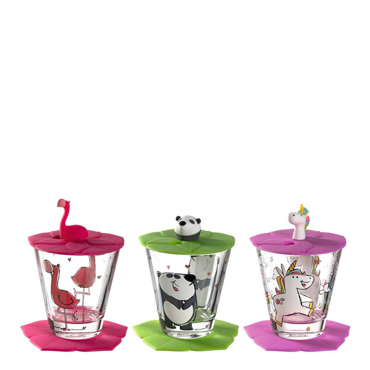 Leonardo - Bambini Set Glas Lock Underlägg 9 delar Flamingo, panda och enhörning