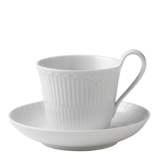Royal Copenhagen - White Fluted Half Lace kopp med högt handtag 25 cl + fat